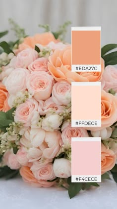 a bouquet of flowers with peach and pink shades on the bottom, in front of a white background