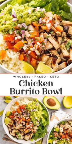 chicken burrito bowl with avocado, lettuce and tomatoes on the side