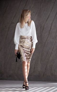 Party Outfit White, Sequin Skirt Outfit, Trendy Party Outfits, Winter Party Outfit, Sequin Pencil Skirt, Pencil Skirt Outfits, Outfit White, Outfits 2017, Event Outfit