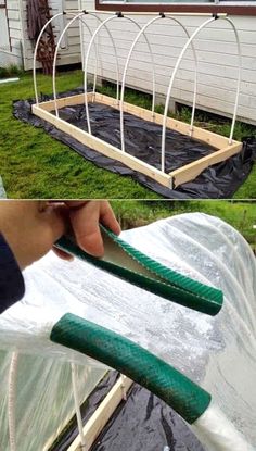 two pictures showing how to make a garden bed with plastic tarp and green handles