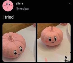 two pictures of pumpkins with faces drawn on them, one is pink and the other has