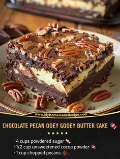 a chocolate pecan ooey gooey butter cake on a plate with text overlay