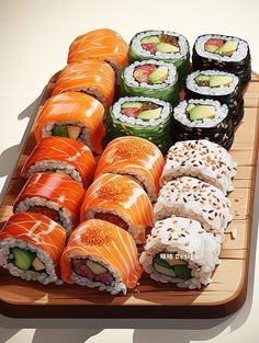 sushi rolls are arranged on a wooden tray