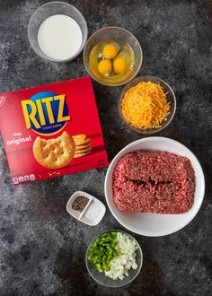 the ingredients to make an appetizer include ground beef, eggs, cheese and crackers