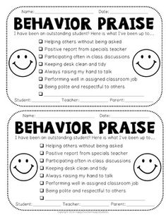 two behavior cards with the words behavior praise and behavior phrases in black ink on white paper