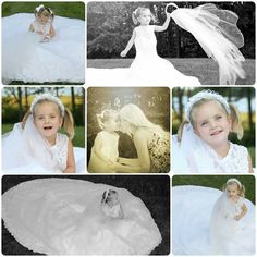 a collage of photos showing the bride in her wedding dress, and other pictures