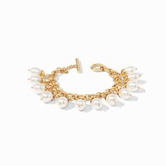 Like a row of perfectly spaced seedlings, a dozen teardrop pearls dangle from a bold cable chain, each one adorned with a leaflike golden cap Pearl Charm Bracelet, Julie Vos, Stackable Bangles, Gold Link Chain, Gold Charm Bracelet, Pearl Charms, Gorgeous Bracelet, Gemstone Bracelets, Gold Pearl