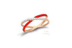 "This minimalist 14k rose gold colorful enamel ring, specially designed with 13 diamonds, is handcrafted. Our unique and dainty diamond criss cross ring, is a real gift for yourself or someone else! Width of band: 1.45MM. Material: 14K solid yellow -, white-, or rosegold. Diamonds: 0.11 ct. White Round Diamond G Color SI-VS Clarity. 100% real,natural and high quality Diamond. It's dainty and can be worn every day. Ready to Ship 3-5 Business Days. All jewelry are handmaded by me. All items are ni Rose Gold Enamel Ring, Red Enamel Elegant Rings, Elegant Red Enamel Ring, Elegant Rose Gold Enamel Rings, Cross Diamond Ring, Criss Cross Ring, Rose Gold Diamond Ring, Ladies Diamond Rings, Gold Diamond Ring