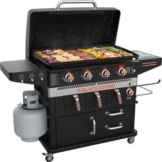 an outdoor bbq grill with two burners and one side door open, on wheels