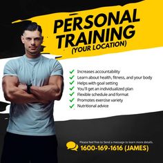 a man with his arms crossed standing in front of a yellow and black background that says personal training your location