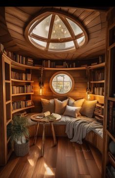 a living room filled with lots of books and furniture