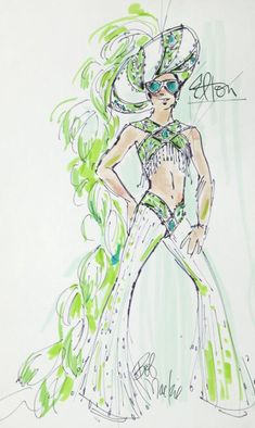 a drawing of a woman in a green and white dress with feathers on her head