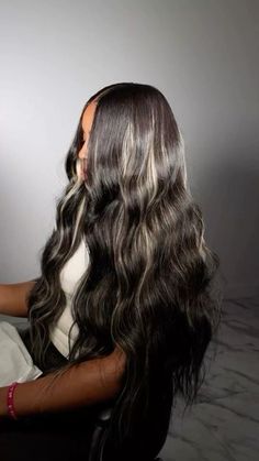 Long Weave Black Women, Middle Part Quick Weave With Blonde Highlights, Blonde Balayage Sew In Weave, Long Jet Black Hair Black Women, Middle Part Wig With Highlights, Cute Sew Ins With Color, Black And White Quick Weave, Faux Highlights Black Hair, Middle Part Beach Waves