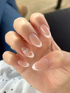 #pinknailsideas pink nails bow french tip gem Simple Gel Nails, Girly Acrylic Nails, Basic Nails, French Tip Acrylic Nails, Soft Nails, Short Acrylic Nails Designs