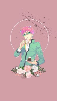 the anime character saiki is holding a piece of cake in his hand and he has pink hair