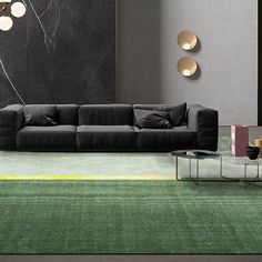 a modern living room with black couches and green rugs on the carpeted floor