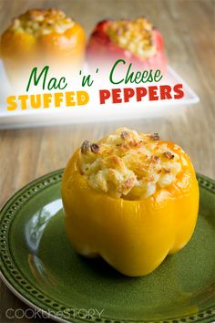 stuffed peppers on a plate with the title mac'n cheese stuffed peppers