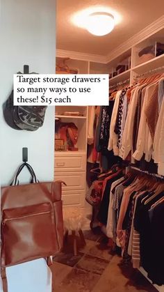 a closet filled with clothes and bags next to a wall mounted coat rack that says, target storage drawers so many ways to use these? $ 5 each