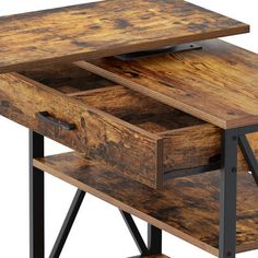 a wooden desk with two drawers and metal legs