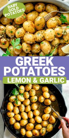 a pan filled with potatoes and lemons on top of a table