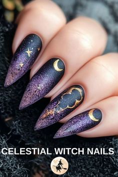 Dark Purple Witchy Nails, Solstice Nails, Purple Witchy Nails, Astrology Nails, Mystical Nails, Starry Nails, Mystic Nails