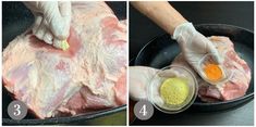 two pictures showing how to cook meat in a skillet and then put seasoning on it