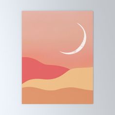 a pink sunset with a crescent moon in the sky and sand dunes below poster wall art print