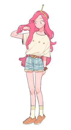 a drawing of a girl with pink hair wearing shorts and a crown on her head