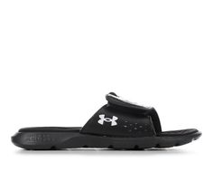 Synthetic upper with fabric lining, Easy slip-on entry with adjustable Velcro strap closure, Open round toe, Cushioned footbed with fabric lining, Flexible foam midsole and durable outsole, Under Armour branding details | Women's Under Armour W Ignite 7 SL Sport Slides Sandals in Black/White Slip-on Round Toe Sports Sandals, Adjustable Flat Synthetic Slides, Sport Slide Sandals With Rubber Sole, Slip-on Sports Sandals With Rubber Sole, Synthetic Closed Toe Slides With Arch Support, Non-slip Slip-on Synthetic Sandals, Slip-on Synthetic Sandals, Outdoor Slip-on Sandals With Open Toe, Outdoor Slip-on Open Toe Sandals