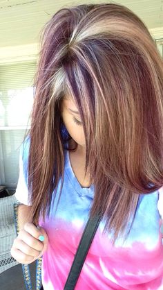 Red Purple Hair With Blonde Highlights, Maroon Highlights On Blonde Hair, Purple Hair With Blonde, Purple Hair With Blonde Highlights, Purple And Blonde Highlights, Reddish Purple Hair, Blonde And Purple Hair, Hair With Blonde Highlights, Highlights Summer