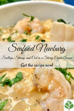 Seafood Newburg Recipe (Scallops, Shrimp, and Cod in a Sherry Cream Sauce) Easy Seafood Crockpot Recipes, Seafood Gratin Recipe, Seafood Ideas For Christmas, Newburg Sauce Recipe, Seafood Casserole Recipes Main Courses, Seafood Imperial Recipes, Seafood Newburg Recipe Easy, Seafood Recipes Sauce, Shrimp Newburg Recipes