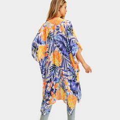 Size : 38" X 39" Material : 100% Viscose Cover Up Kimono, Hawaiian Tropic, Pineapple Design, Tropical Leaf Print, Blue Hawaiian, Tropical Leaf, Color Swatch, Tropical Leaves, Leaf Prints