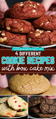 The perfect way to satisfy your sweet food craving! These desserts to make at home all start with a boxed cake mix. Ready in under 30 minutes, these 4 different cookie recipes are so quick and easy! Box Mix Dessert Recipes, Cake Box Desserts Easy, How To Make Box Cake Cookies, Cake Box Mix Recipes, Box Cake Cookies, Different Cookie Recipes, Desserts To Make At Home, Cake Box Cookies