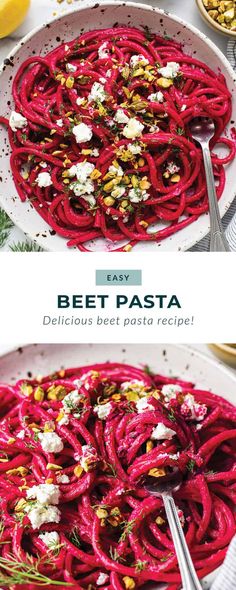 beet pasta with feta cheese and herbs in a bowl