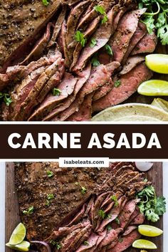 grilled flank steak with limes and cilantro on the side, next to sliced