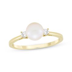 Cultured Pearl & Diamond Ring 1/10 ct tw 10K Yellow Gold|Kay Dimond Ring, Pearl Diamond Ring, Gold Layered Bracelets, Pearl Diamond Jewelry, Cross Jewelry Necklace, Fan Jewelry, Pearl And Diamond Ring, Tennis Bracelet Diamond, Cross Jewelry