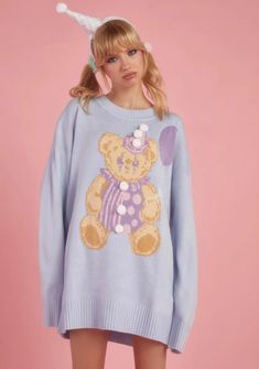 cuz life's a circus! Enjoy the show in this long sleeve sweater that features a clown-costumed teddy bear at front, a cozy knitted fabrication, decorative pom poms, and a ribbed crew neckline, cuffs, and hem. Blue Sweater Outfit, Outfit Dump, Oversized Teddy Bear, Aesthetic Building, Clown Core, Teddy Bear Sweater, People Reference, Trilogy Tour, Alt Clothing