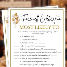 the most likely to do list is in front of a table with balloons and confetti on it