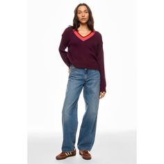 Purple (55% RWS Extrafine Merino Wool, 45% Cotton). Knits. V-Neck. Long Sleeve. Pull On. Shoulder to Hemline Length: 21". Imported. Neck Sweater, Vneck Sweater, Merino Wool, V Neck, Wool, Long Sleeve, Knitting, Purple