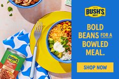 two bowls of food are shown with the words bod beans for a bowled meal