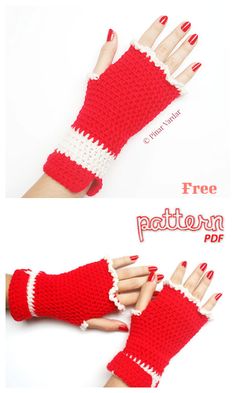 crochet christmas gloves with red and white trims on both hands, one in the shape of santa's sleigh