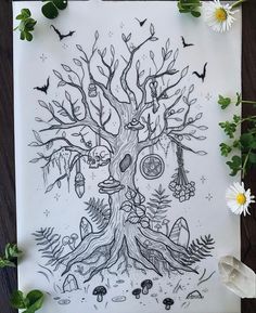 a drawing of a tree with various items hanging from it's branches and leaves