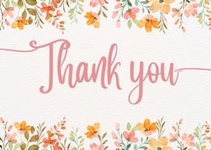 a thank card with watercolor flowers and the words thank you in pink on it