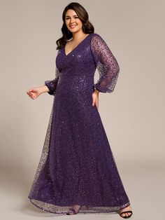 Plus Size V-Neck Lantern Long Sleeve Sequin A-Line Evening Dress #color_Dark Purple A Line Evening Dress, Banquet Dresses, 파티 드레스, Sequin Evening Dresses, Target Clothes, Gala Events, Affordable Dresses, Long Sleeve Sequin, فستان سهرة