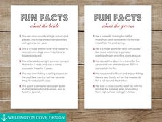 two printable fun fact bookmarks with the words fun fact about the bride and groom