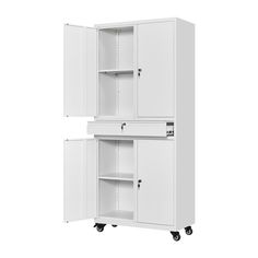 two white cupboards with wheels on each side and one door open to the other