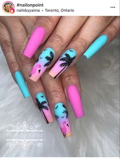 Pink And Blue Tropical Nails, Sunset Nails Ombre, Rockabilly Nails, Summertime Nails, Short Coffin Nails Designs, Summer Nails Ideas, Mickey Nails, Sunset Nails, Pedicure Designs Toenails