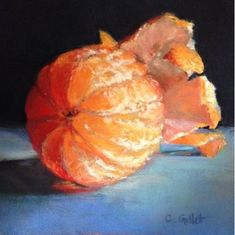 an oil painting of oranges on a blue tablecloth with the top half peeled off