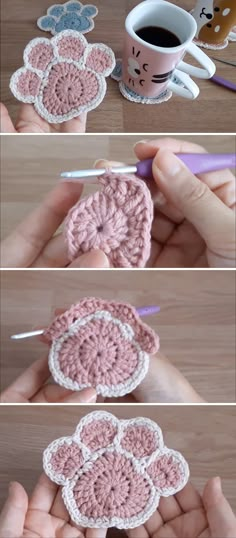 crocheted coasters are being worked on by someone using the same yarn technique