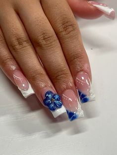 insta @imtznails Blue Square Acrylic Nails With Rhinestones, White French Tips With Blue Flowers, Square Nails Designs Short, Mexico Style Nails, Tropical Winter Nails, Royal Blue Quince Nails Short, Nails Acrylic Designs Blue, Nails Acrylic Summer Blue, Nail Ideas For Beach Vacation